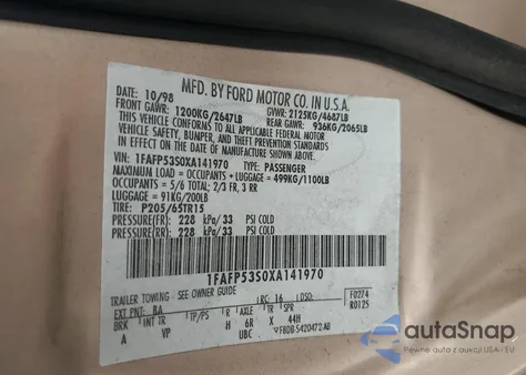 1999 Ford Taurus Se из США, поврежденный, VIN 1FAFP53S0XA141970